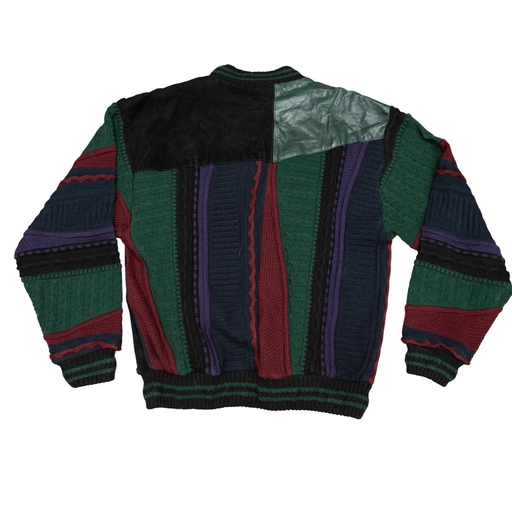 VTG Saxony Leather Suede Patchwork 3D Chunky Knit Sweater Men XL 90s Coogi Style